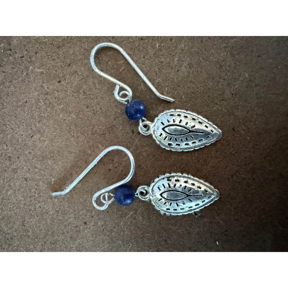 925 Sterling Silver Lapis Lazuli‎ Teardrop Filigree Hook Drop Earrings Blue Bead
